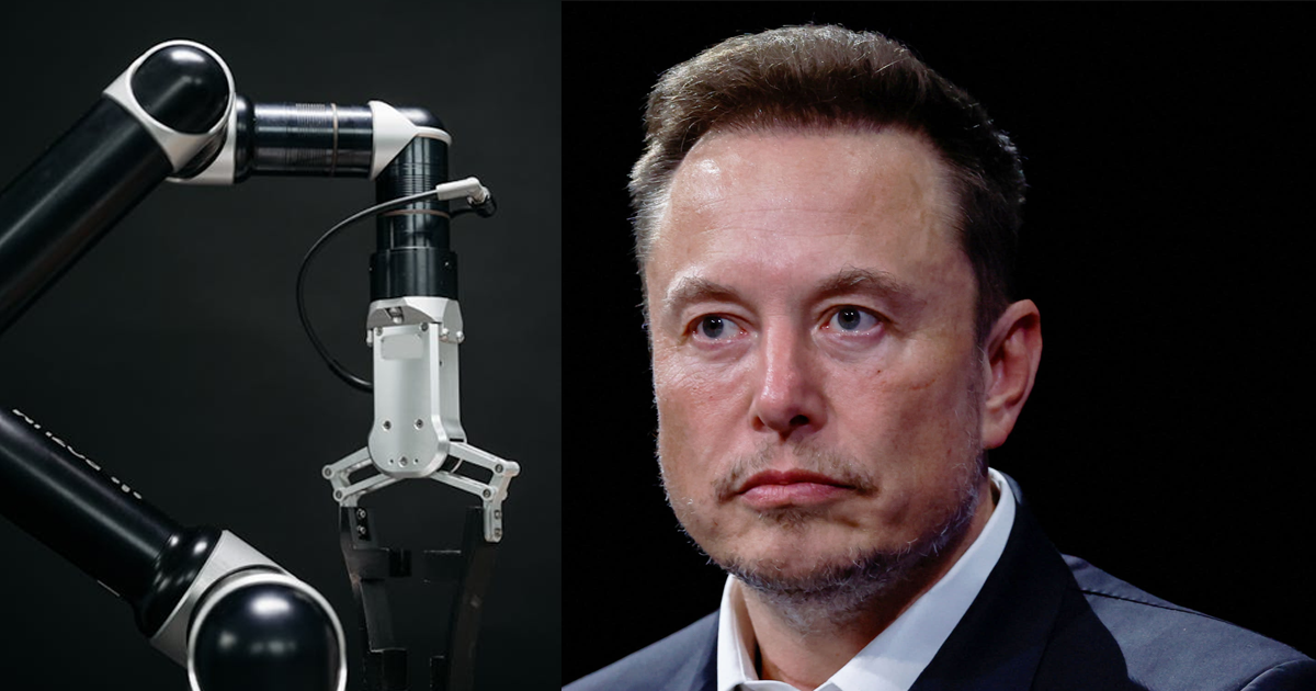 Imagem ilustra Robôs de inteligência artificial trabalhando em um ambiente industrial de automação de fábrica, discurso de Elon Musk sobre Renda Universal.